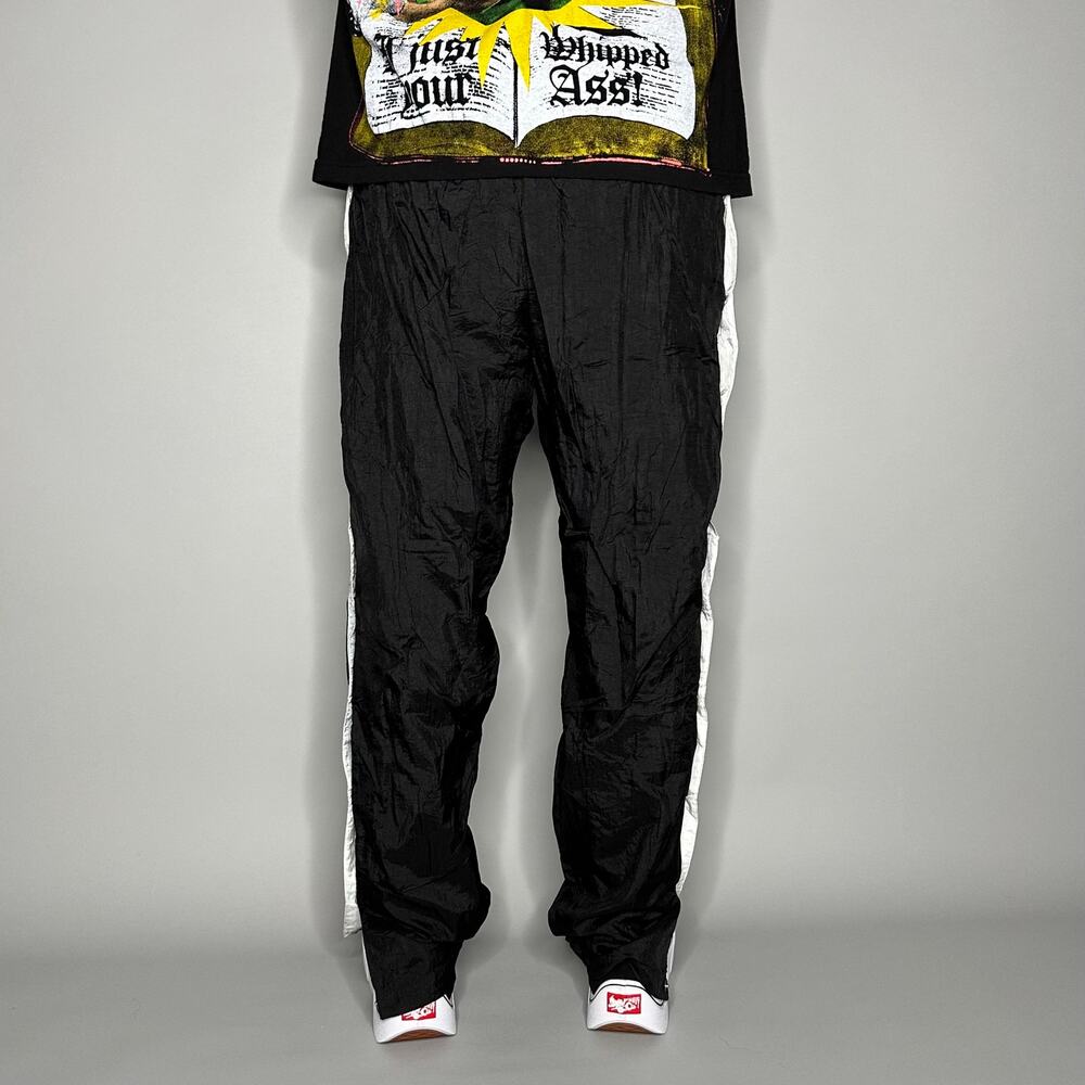 Vintage 90s Track Pants Mens M Baggy Flared Fit Jet Black Nylon White Lined - Picture 3 of 4